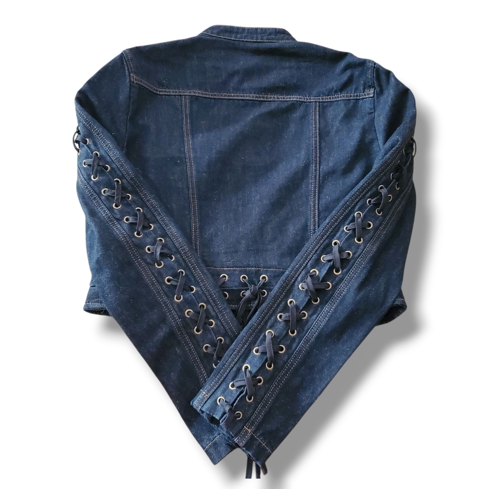 Lioness Dark Indigo Berlin Denim Crop Jacket with Lace-Up Accents Size L US 8 - Picture 8 of 14